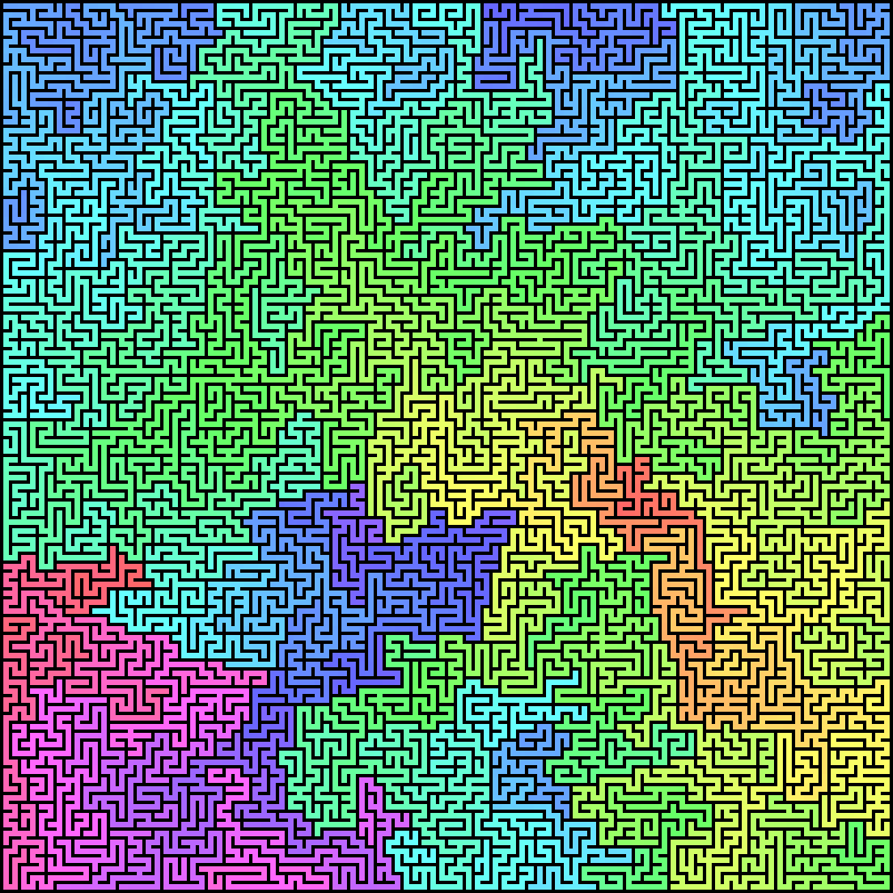 A maze coloured by the distance of each square from the start