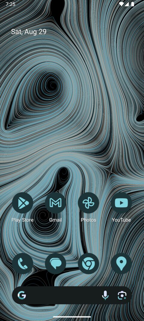 The same home screen in the dark theme, dark teal icons over pale blue trails on black.