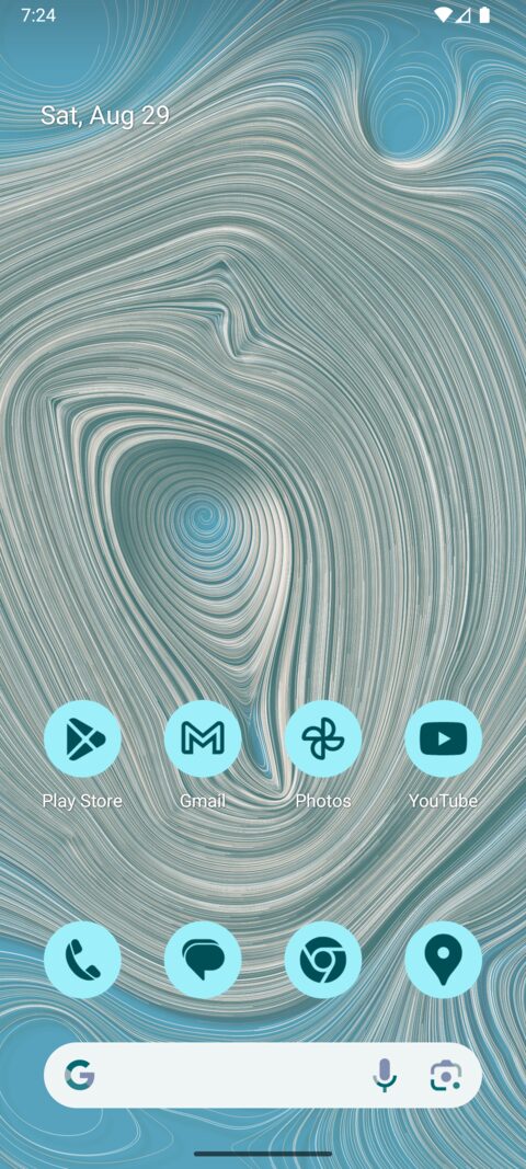 A phone home screen, pale blue themed icons over cream trails swirling on teal.
