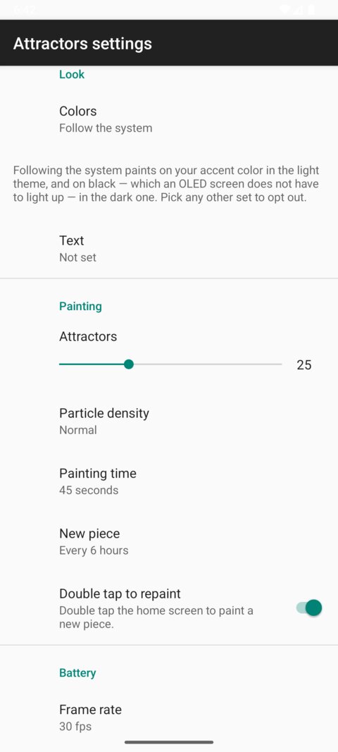 The wallpaper's settings screen, with sections for Look, Painting and Battery.